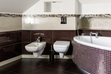 Fototapeta na wymiar Modern spacious bathroom with bright tiles with toilet and sink