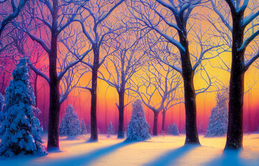 Panorama Magical winter landscape with colorful sky and snow, Generative AI Illustration