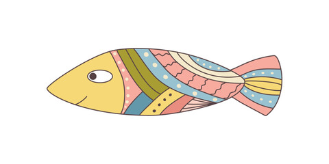 Cute fish decorated with folklore style patterns. Doodles. For textiles, children's clothing, wallpaper, packaging, wrapping paper. Simple flat vector illustration isolated on white background