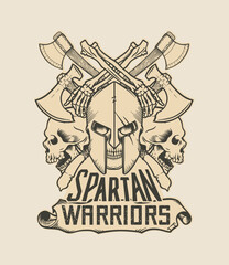 Spartan warriors Skull Head - Skull in armor, fighting axes - T-Shirt design - vector illustration - White version