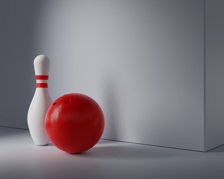 White skittle and red bowling ball against the wall. Abstract illustration for bowling game advertising background image. 3d rendering
