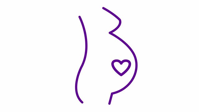 Animated violet linear pregnant with baby heart. Looped video of heartbeating. Concept of pregnancy, motherhood. Vector illustration isolated on the white background.