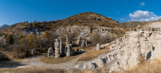 panorama view of the Stone Dolls rock formations near Kratovo in North Macedonia