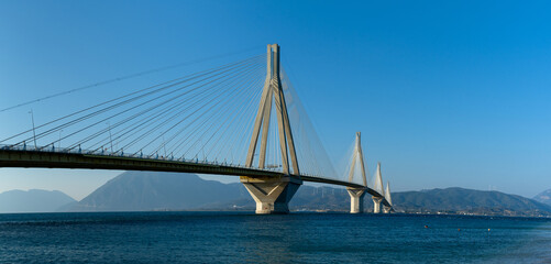 panorama landscape view of the landmark Rio-Antirio Bridge across the Gulf of Corinth