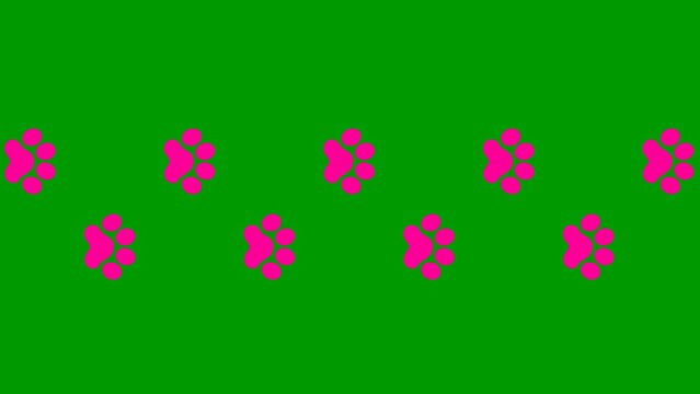 Animated cat pink tracks. A cat's paw print appears take turns. Looped video. Vector flat illustration isolated on the green background.