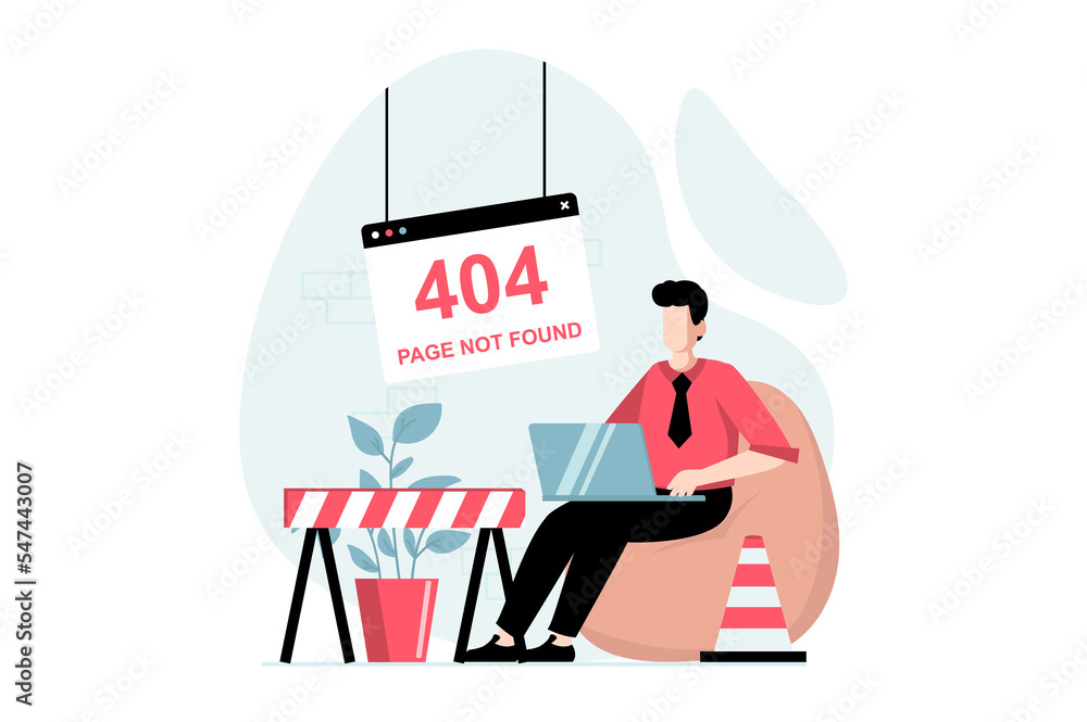 Aufkleber page not found concept with people scene in flat design. man works on laptop and receives news of pr