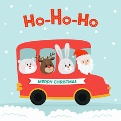 Red christmas bus with Santa Claus, polar bear, rabbit and christmas deer. Holiday trip with Santa Claus and friends