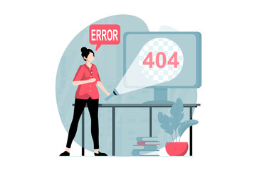 Page not found concept with people scene in flat design. Woman works at computer and looking at message about error 404 mistake and disconnection. Illustration with character situation for web