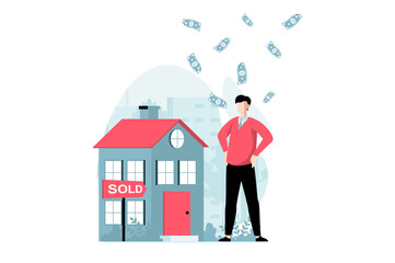 Real estate concept with people scene in flat design. Man puts house for sale and successfully sells it, making profitable deal and earning money. Illustration with character situation for web