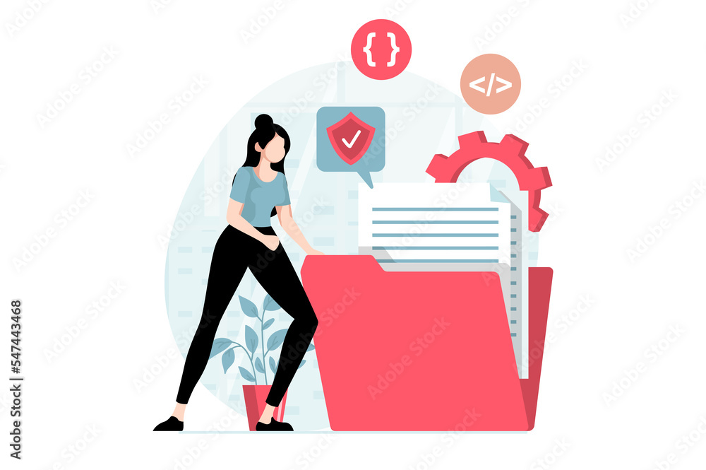 Leinwandbilder SaaS concept with people scene in flat design. Woman buys software as a service and uses cloud technology to manage files, working with database. Illustration with character situation for web