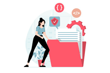 SaaS concept with people scene in flat design. Woman buys software as a service and uses cloud technology to manage files, working with database. Illustration with character situation for web