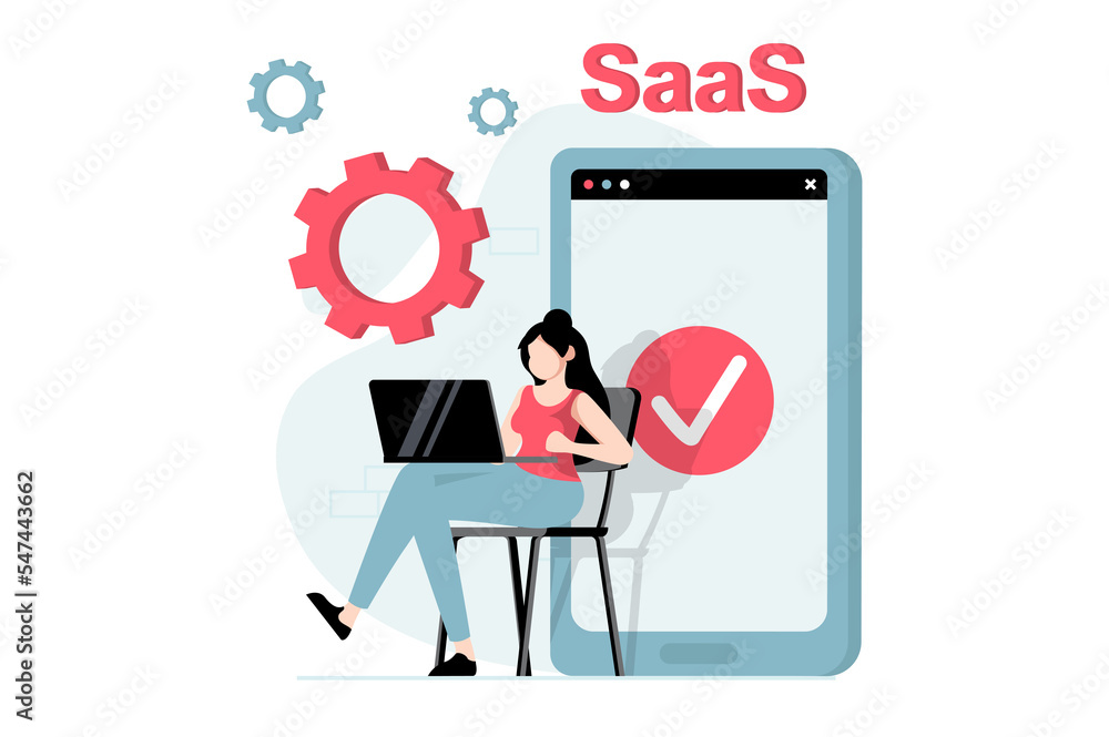 Wall mural saas concept with people scene in flat design. woman working with files exchange, buying software su