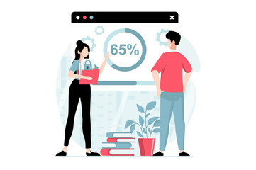SaaS concept with people scene in flat design. Woman and man work with programs by buying subscription, using cloud storage and data protection. Illustration with character situation for web