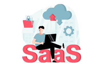 SaaS concept with people scene in flat design. Man working with files cloud exchange, data upload and download and buying software subscription. Illustration with character situation for web