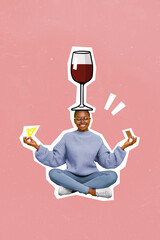 Vertical collage image of positive girl sitting crossed legs meditate huge wine glass head isolated on painted pink background