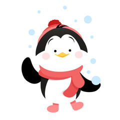 Cute penguin in a red hat and scarf and snowballs