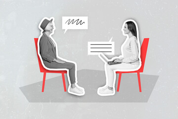 Composite collage illustration of two people black white effect sitting chair use netbook speak...