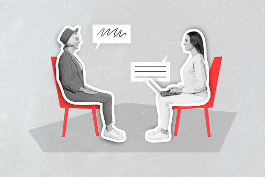 Composite collage illustration of two people black white effect sitting chair use netbook speak communicate isolated on grey drawing background