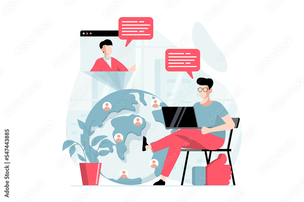 Aufkleber social network concept with people scene in flat design. man talks on video call with remote friend,