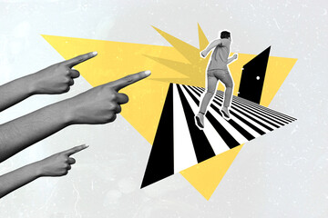 Composite collage image of big human arms black white colors point fingers show way small running...