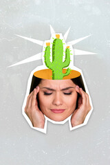 Vertical collage picture of unsatisfied girl hands fingers touch temples ache painted cactus inside...