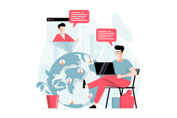 Social network concept with people scene in flat design. Man talks on video call with remote friend, chatting online with contacts from the world. Illustration with character situation for web