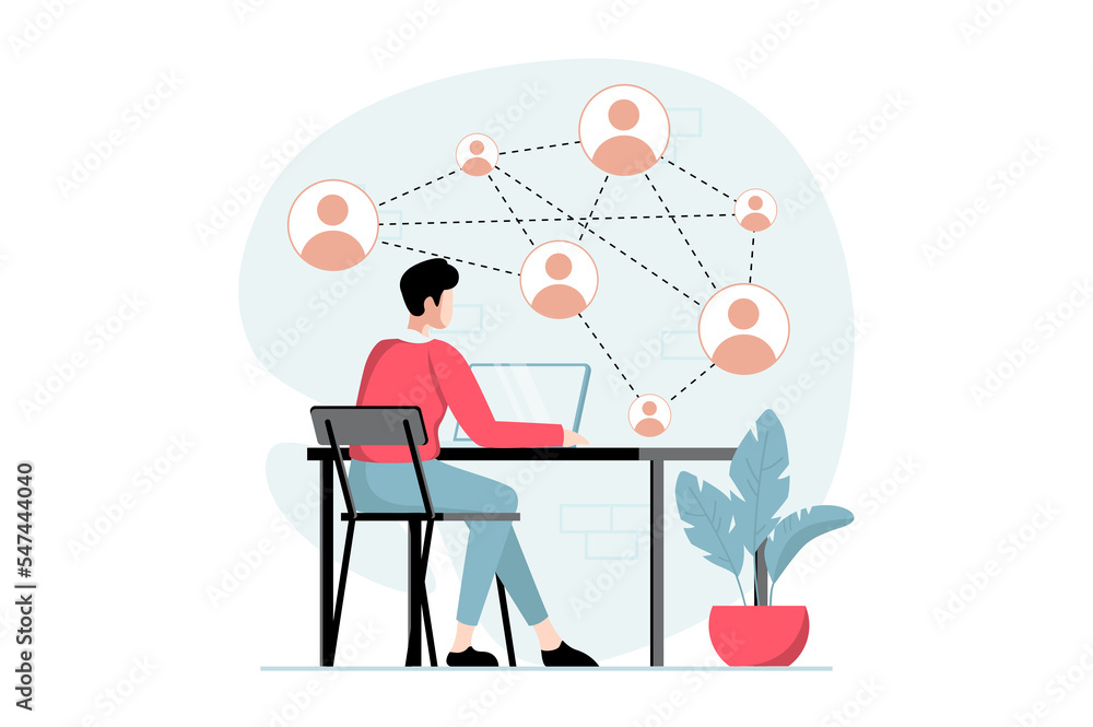 Aufkleber social network concept with people scene in flat design. man communicates online with different cont