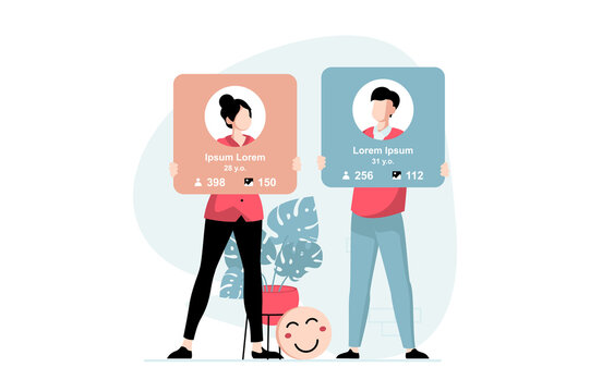 Social network concept with people scene in flat design. Man and woman maintain their online profiles in social networks, publish photos and posts. Illustration with character situation for web