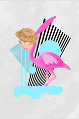 Vertical banner collage of girl head flamingo cry wear hat isolated on drawing grey color background