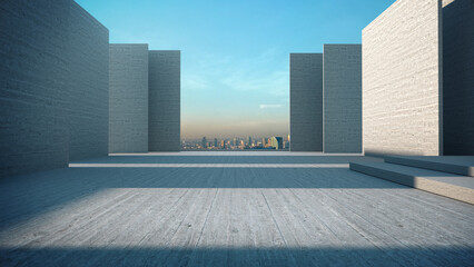 The deck space for products showcases on the deck with the city sky.