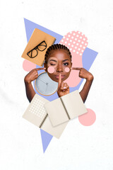 Vertical poster collage of girl head notebook isolated on painting white color background