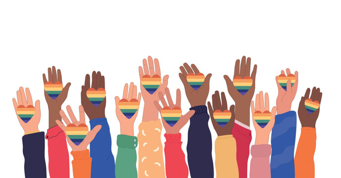 Human hands holding rainbow transgender and lgbt flags during pride month or day celebration or parade. Flat vector illustration