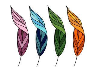 Multi-colored leaves, feathers. Vector illustration, graphics. Cartoon feathers or leaves