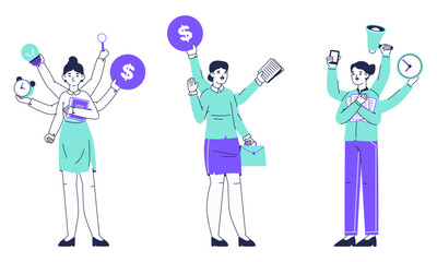 Busy, multitasking female office workers. Juggle productive business lady, professional multitasking characters doing many things flat vector illustration on white background
