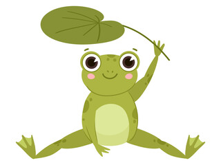 Cartoon funny froggy, cute frog sitting under leaf. Green amphibia, kawaii sitting water froglet flat vector illustration on white background