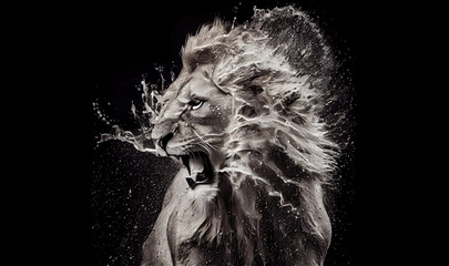 Lion shaking off water while hunting. Digital art - obrazy, fototapety, plakaty