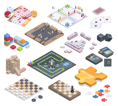 Isometric table gaming, 3d recreation board games. Cards poker, mahjong, bingo and monopoly games vector illustration set. Board games collection