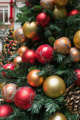 クリスマスツリーに飾られたオーナメント　クローズアップ　Close up shot of outdoor Christmas tree ornaments
