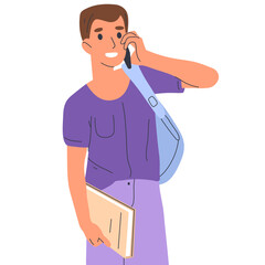 Fototapeta na wymiar College student talking on mobile phone, young man with smartphone. Cheerful guy with book and backpack, teenager social conversation isolated flat vector illustration on white background