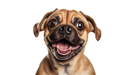 Happy puppy dog smiling on isolated on transparent background. Portrait of a cute pug dog. Digital art	
