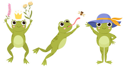 Cute frogs, cartoon funny froggy, green amphibians. Wildlife water froglet animals flat vector illustration on white background