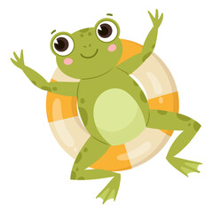 Green amphibia, cartoon cute frog, water animal. Funny froggy floats on inflatable ring, cheerful froglet flat vector illustration on white background