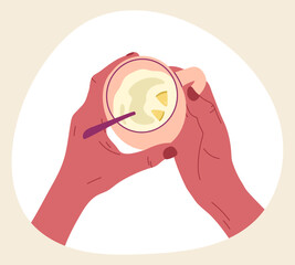Hand holding cup of hot tea with lemon and ginger. Cartoon hot beverage, tea cup in hand isolated flat vector illustration on white background