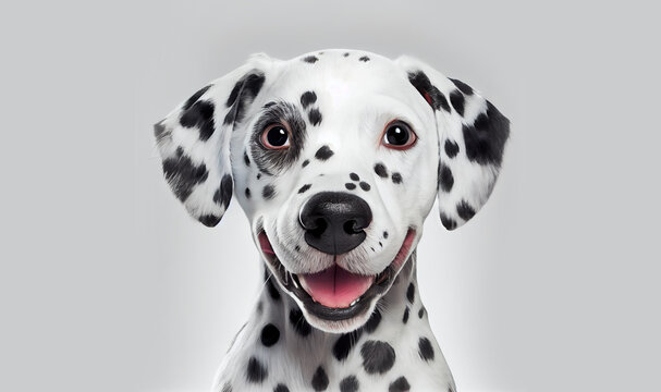 Happy puppy dog smiling on isolated  background. Portrait of a cute Dalmatian dog. Digital art	
