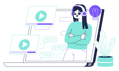 Studying web platform app, e-learning service, online school education. Teacher on gadget screen provide educational service, web class flat vector illustration on white background