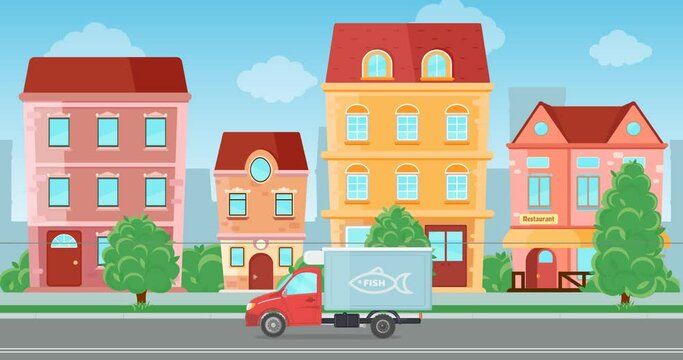 Flat cartoon city town with a car, tram green trees, buildings. Road transport in front of the town house line. Summer cityscape. Bright, colorful scene for dynamic web design, tourism business