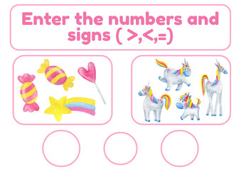 Activity page, sheet for kids. Arithmetic task for comparing numbers. Winter game for teaching a child. Exercise with a snowflake pattern. Counting lesson for preschooler more, less, equal