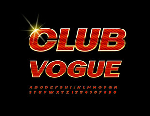 Vector luxury emblem Club Vogue.  Red and Gold chic Font. Artistic Alphabet Letters and Numbers