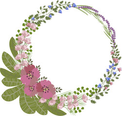 Summer floral wreath. Round frame, framed with summer flowers. Pastel colors.