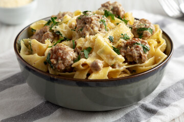 Homemade One-Pot Swedish Meatball Pasta in a Bowl, side view.